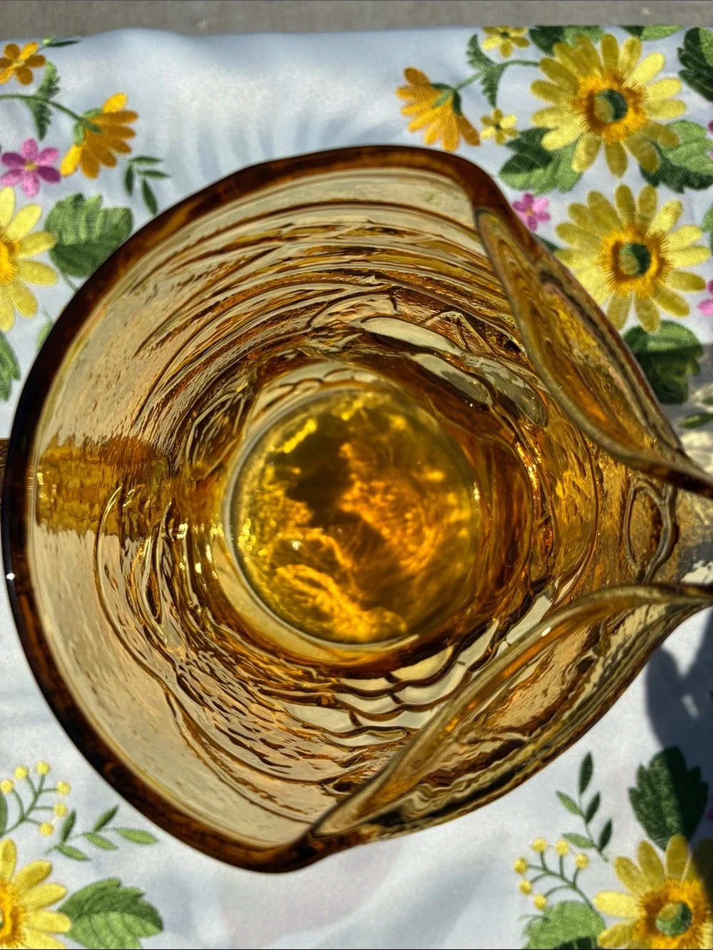 Amber Pressed Glass Pitcher with Fruit Motif